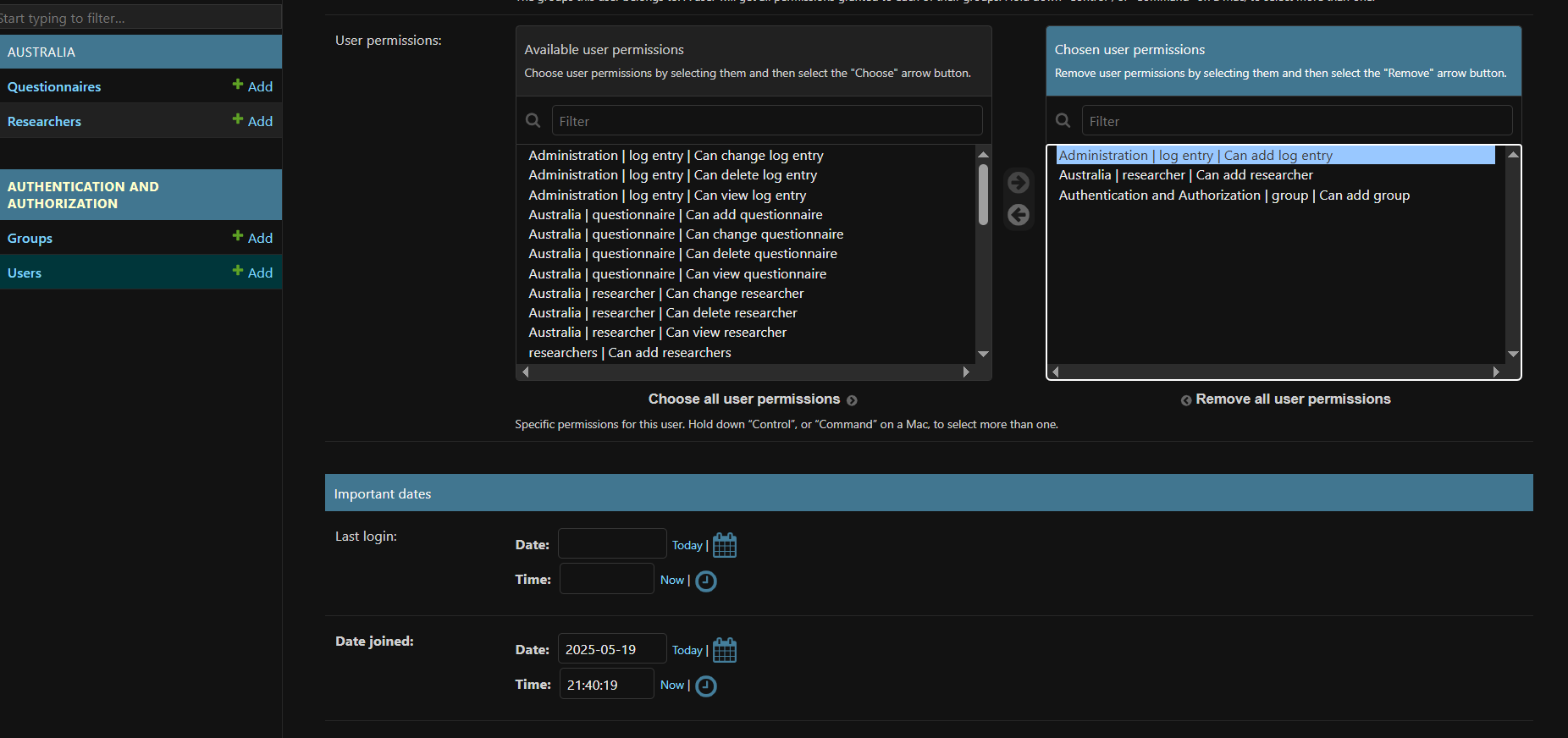 Chosen user permissions